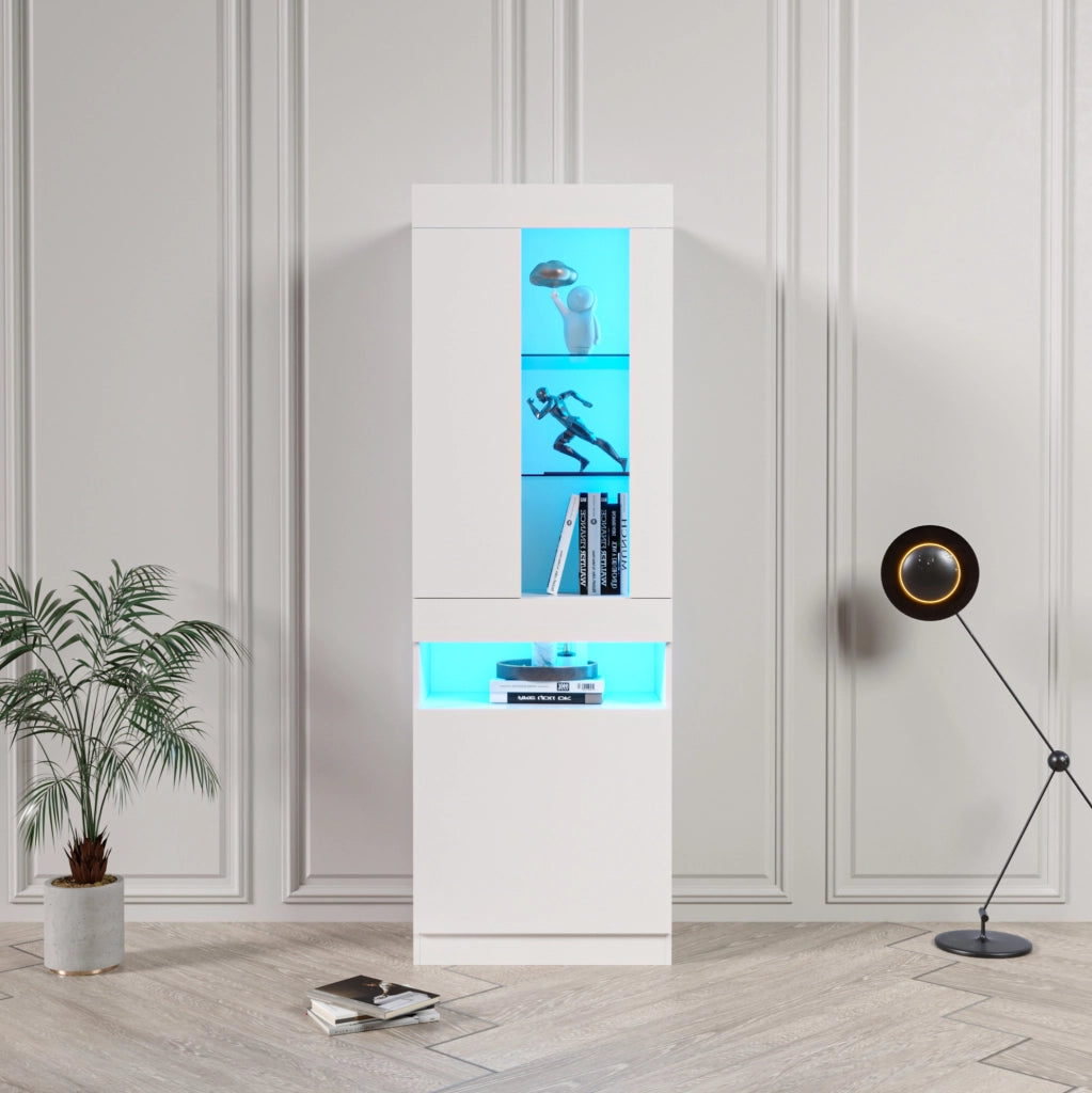 Vetrina moderna 50 x 40 x 180 cm bianca con LED USB; ante in finitura lucida e ripiani in vetro