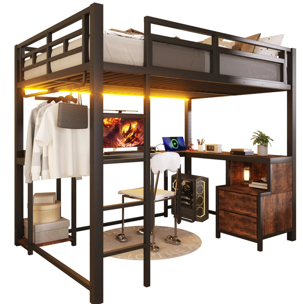 Letto a soppalco 140x200 cm con scrivania, LED, USB e ripiani
