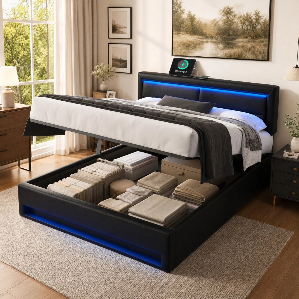 LETTO Imbottito 160x200 cm PU Nero con USB, LED e vano contenitore