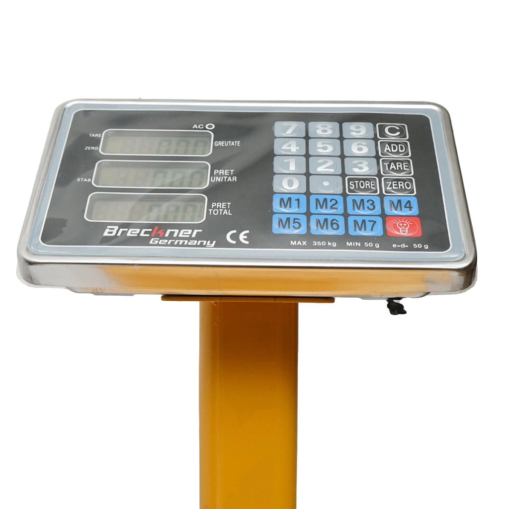 Bilancia elettronica da pavimento a piattaforma, portata 350 kg, con braccio pieghevole e schermo LCD. Breckner Germany