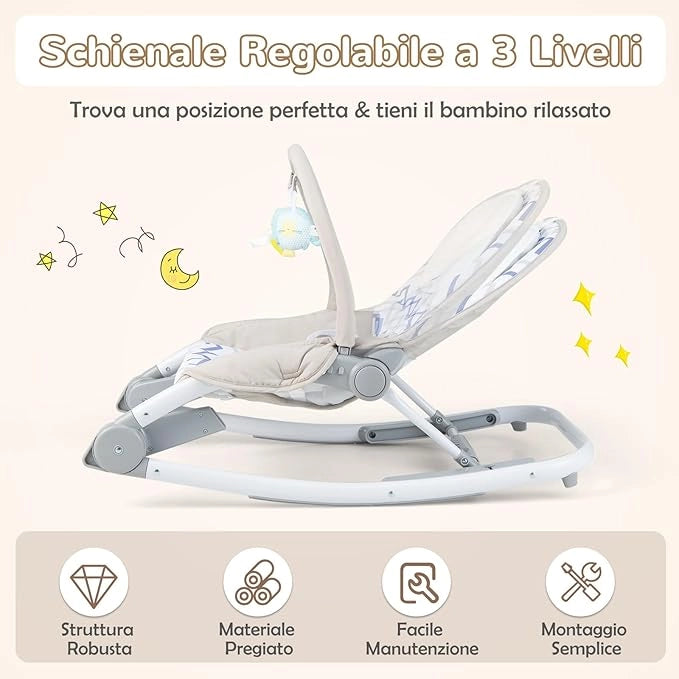 2-in-1 Sdraietta per Bambini, Sdraietta per Neonati Portatile con Schienale Regolabile a 3 Livelli, Sdraietta Pieghevole con Giocattoli, con Cintura di Sicurezza, per Bambini 0-6 Mesi (Grigio)