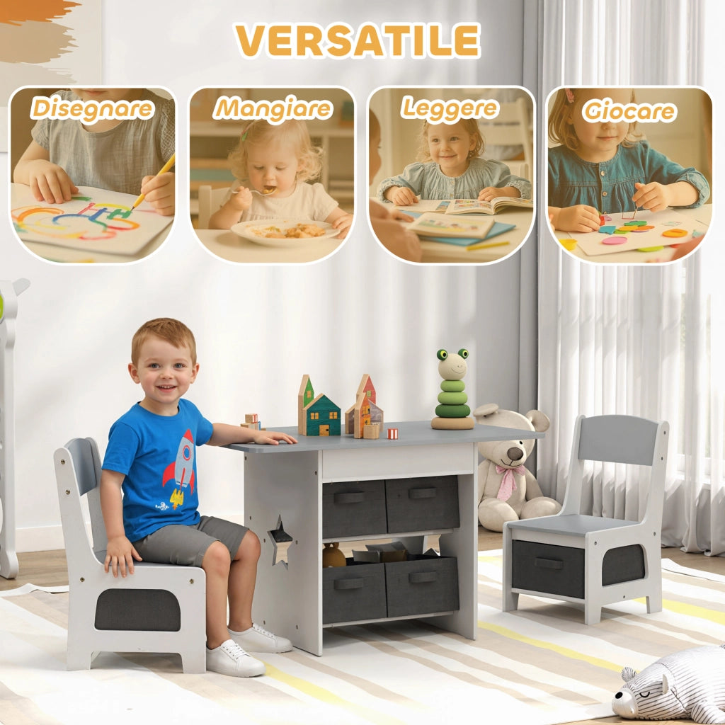 Set Tavolo e Sedie per Bambini 3-8 Anni con 6 Cassetti e Bordi Arrotondati in Legno e Tessuto Grigio e Bianco