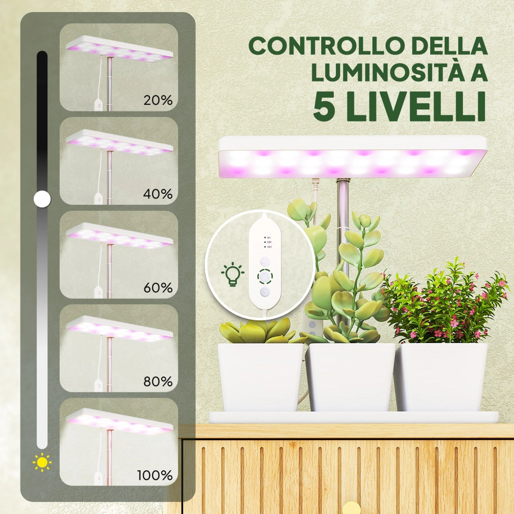Lampada per Piante LED 30 Luci ¨C Xylo ¨C con 3 Vasi, Timer, Regolabile, 31.8x13.4x18.6-35.6 cm, Bianco
