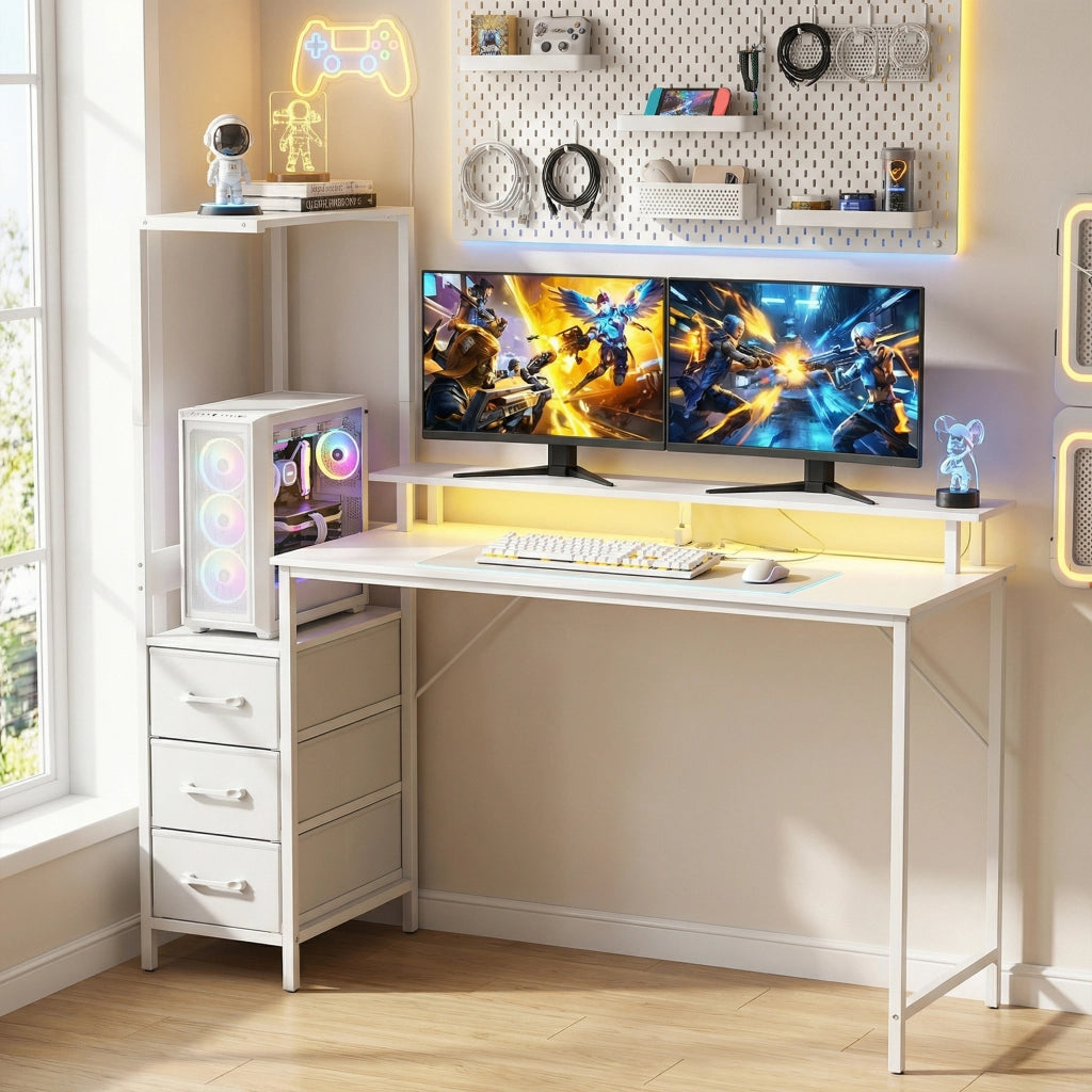 Scrivania Gaming con LED RGB - Xylo - Bianco 147cm Supporto Monitor 3 Cassetti USB Porta Computer