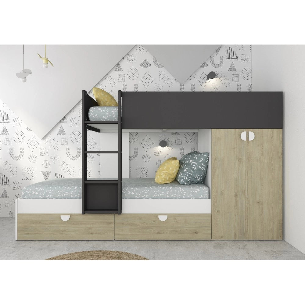 Letto a castello rovere e antracite con armadio 2 ante e cassetti