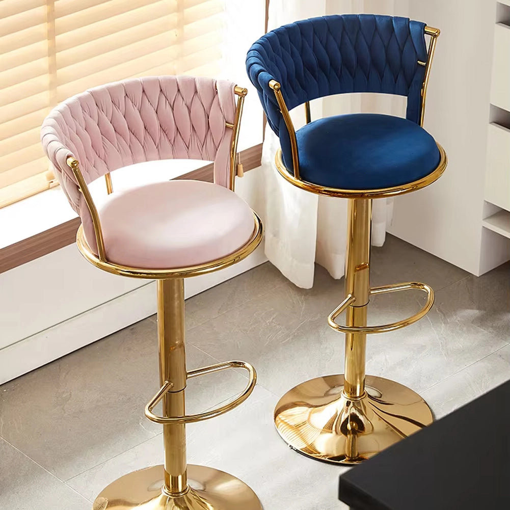 Coppia Sgabelli da Cucina Bar Schienale Intrecciato Velluto e Struttura Oro Blu