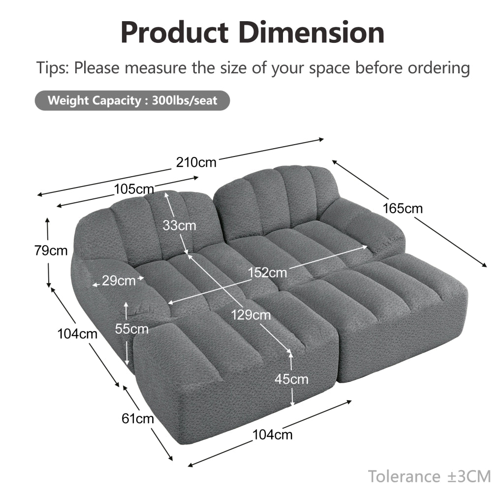 Divano modulare 2 posti con 2 pouf - Zephmum- Schiuma ad alta densit¨¤ 32D, design antiscivolo, tessuto morbido, grigio