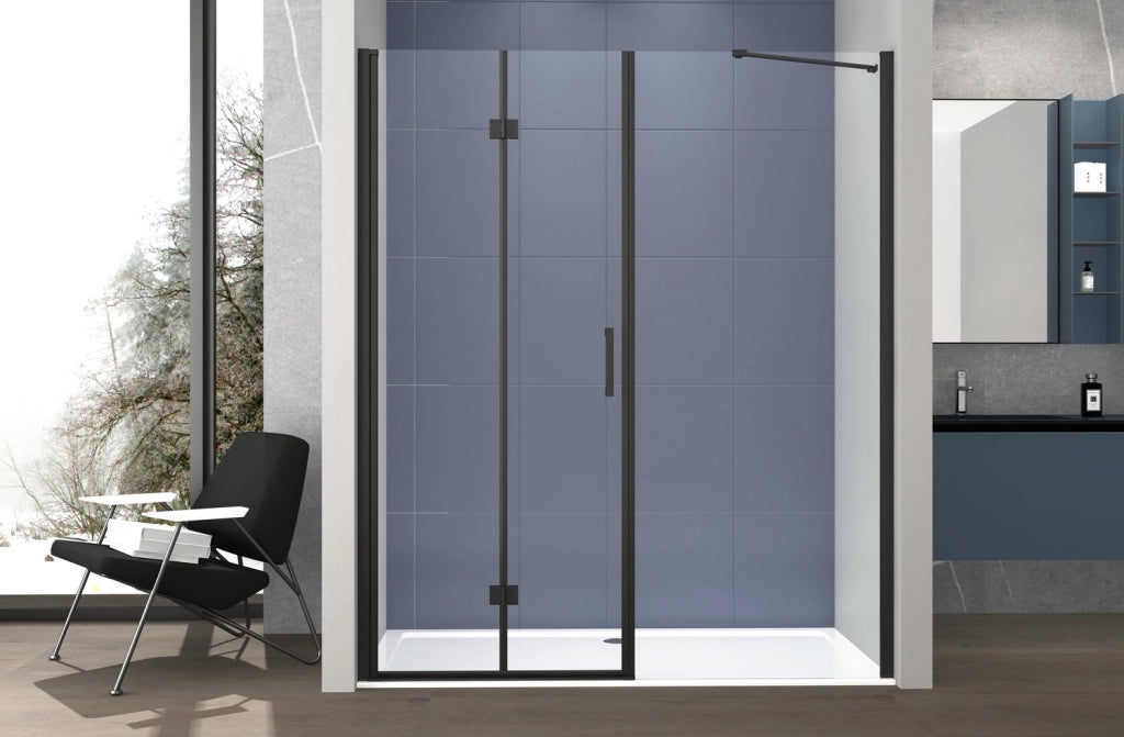 Box doccia Angolare 70x90 cm porta a soffietto + fisso H200 cm cristallo 6 mm profilo NERO OPACO ZAIRA