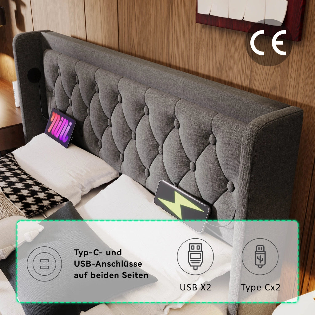 DESMIU Letto contenitore letto matrimoniale con USB, Type-C e LED regolabile 160 × 200 cm, senza materasso