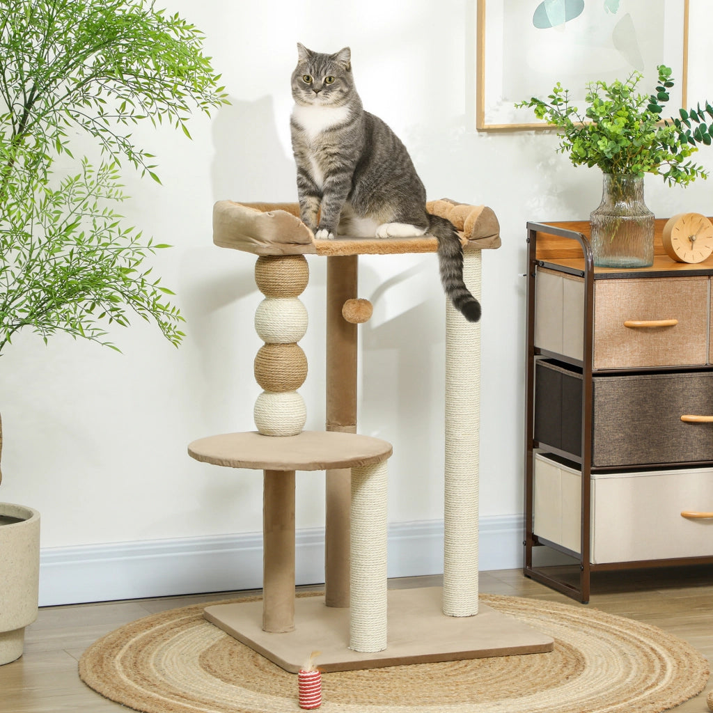 Tiragraffi per gatti con 2 piani, palla giocattolo, tronchi e palle ¨C Minimal ¨C marrone, 56x54x86 cm