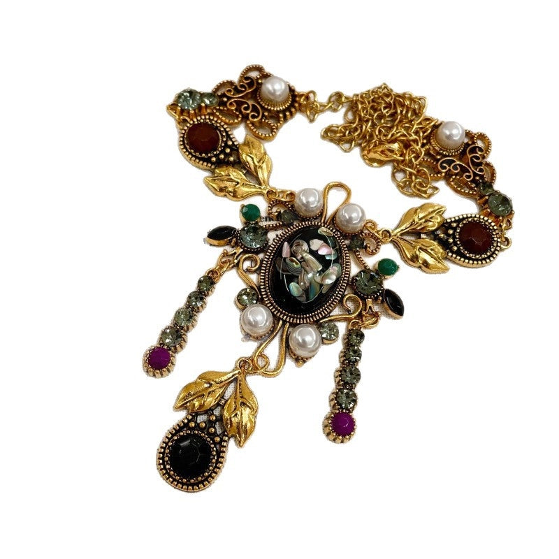 Collana Hanfu retr¨° da donna, catena per clavicola con perle di cristallo, ciondolo con pietre preziose, catena per maglione