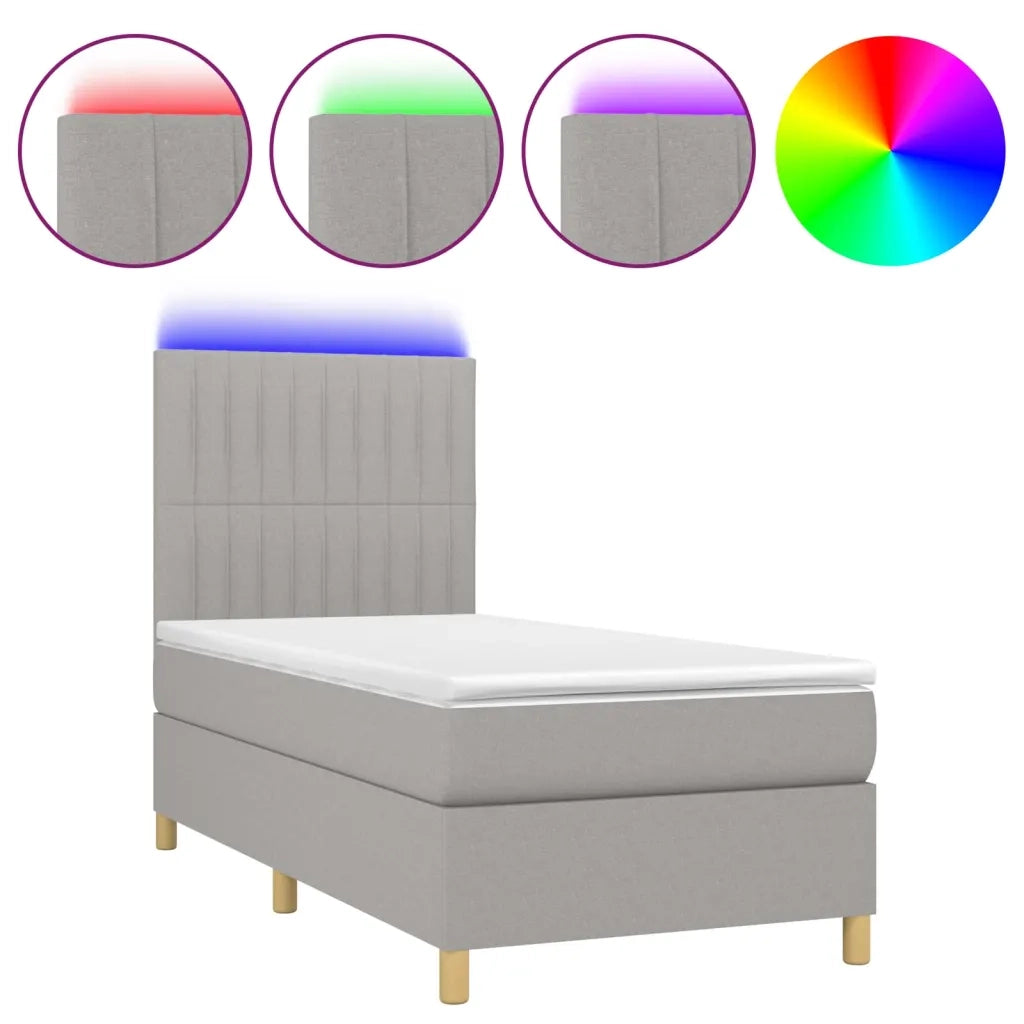 Letto singolo | Letto per adulti | Letto a Molle Materasso e LED Grigio Chiaro 90x200 cm Tessuto