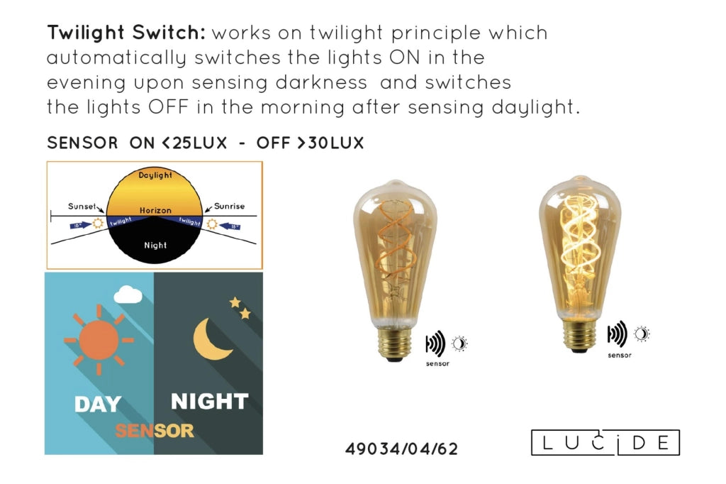 Lampadina LED filamento crepuscolare E27 ambra ovale Lucide
