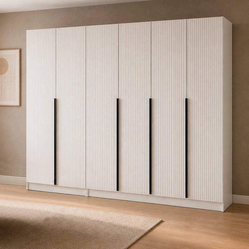 Armadio Kale 6 ante battenti effetto cannettato bianco 270x52x210H – Eleganza e capienza
