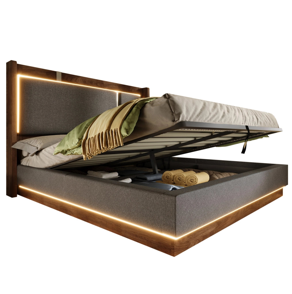 Letto imbottito 140x190 con LED, contenitore idraulico e rete a doghe
