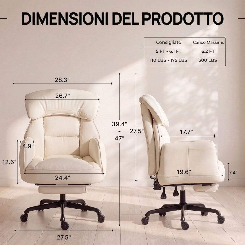 Sedia da ufficio ergonomica - Con corrimano e poggiapiedi - Con braccioli regolabili - Schienale regolabile - Beige