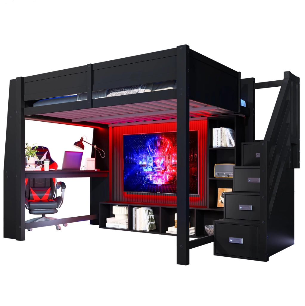 Letto a soppalco 140x200 con scrivania, scala contenitore e LED