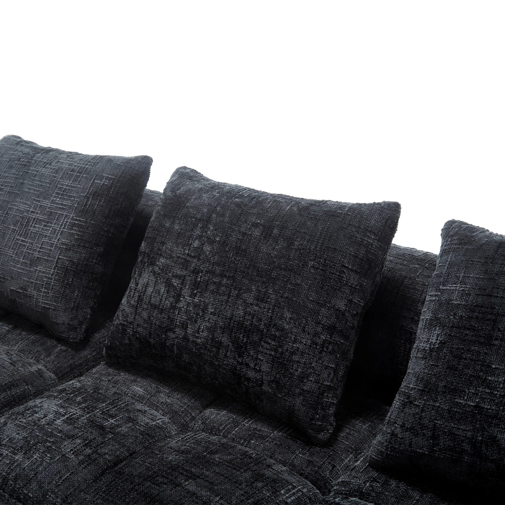 Divano angolare 3 posti con chaise longue in chenille nera; 250x158x60 cm con 3 cuscini
