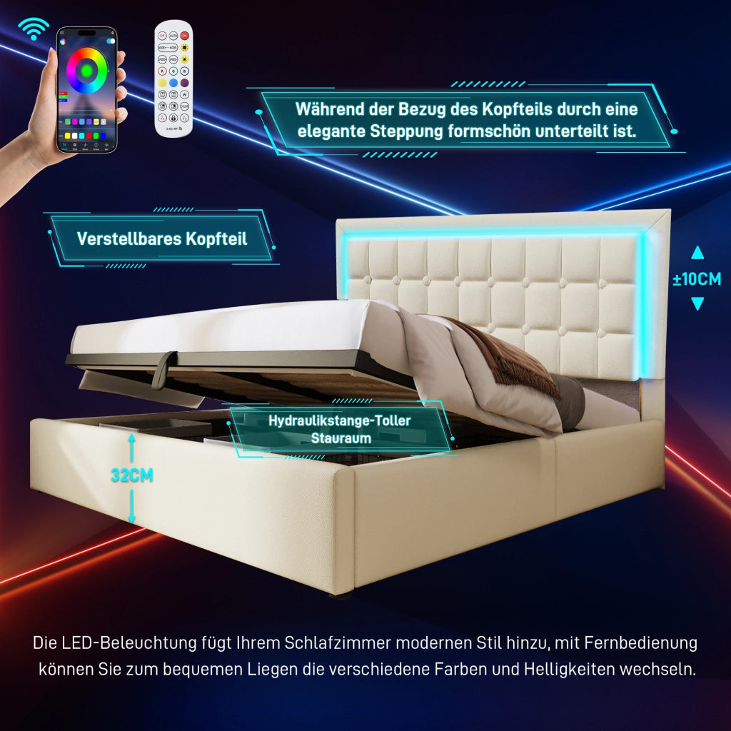 LETTO Contenitore 140x200 cm con LED, PU Bianco