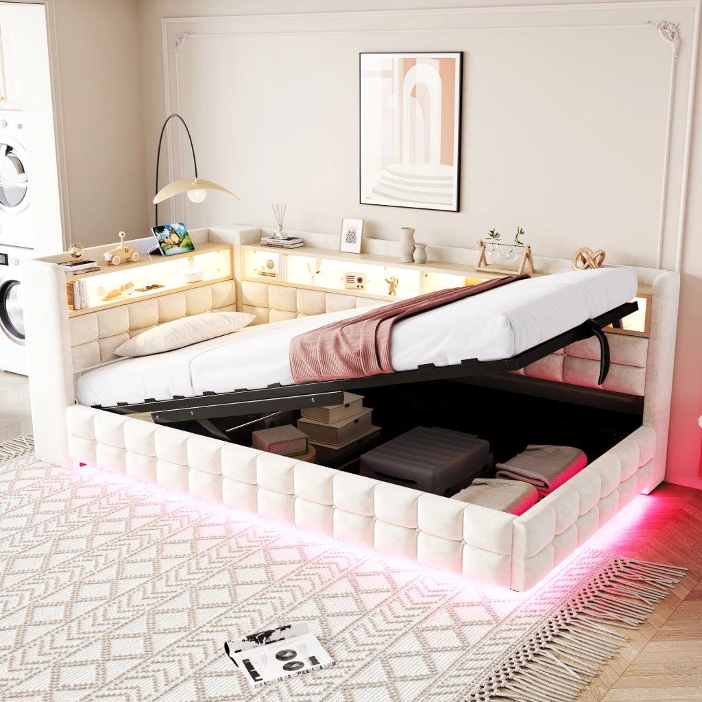 Letto Contenitore Letto Singolo 90x200 cm con USB; Type-C; LED e Mensole Beige