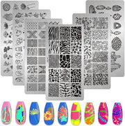 Set di stampe per unghie 6 pezzi - piatto di stampa - disegno leopardo/geometria/fiori/foglie - acciaio inossidabile - set di accessori per manicure - 12 cm x 6 cm - piatti per nail art