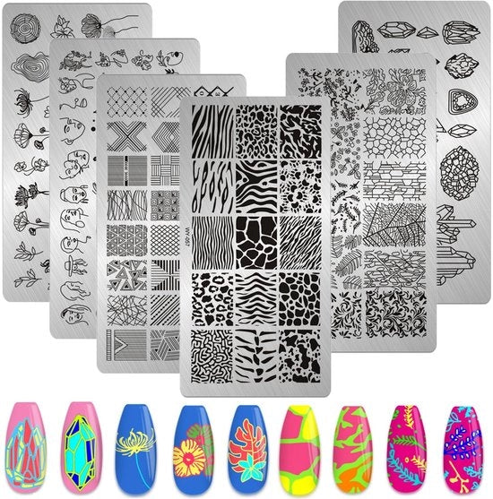 Set di stampe per unghie 6 pezzi - piatto di stampa - disegno leopardo/geometria/fiori/foglie - acciaio inossidabile - set di accessori per manicure - 12 cm x 6 cm - piatti per nail art