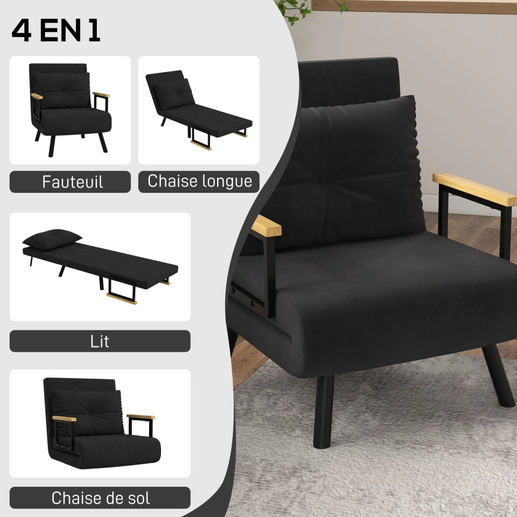 Divano letto singolo imbottito ¨C zephmum ¨C nero, velluto, legno
