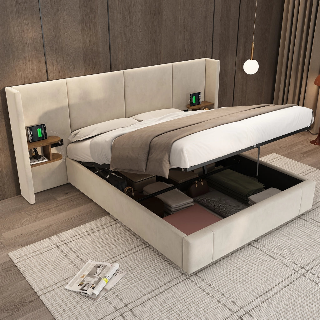 LETTO Contenitore 160x200 cm Velluto Beige con 2 comodini