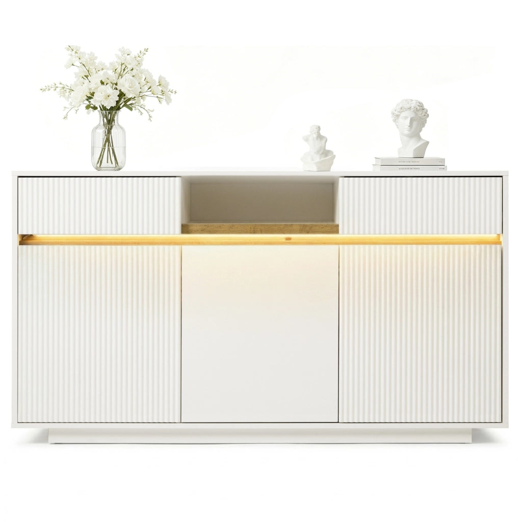 Credenza bianca moderna con LED; 140x40x85 cm; in MDF e truciolare