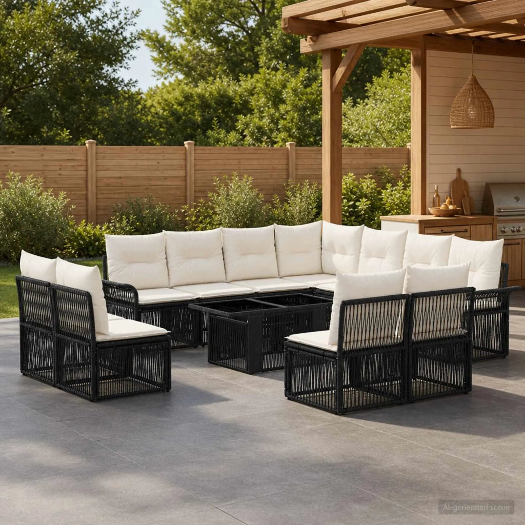 Set Divano da Giardino 12 pz Nero e Bianco Crema polyrattan 3436654