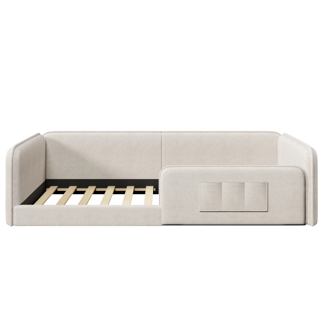 Letto imbottito per bambini 90x200 cm con parapetto perimetrale; schiuma antiurto; tasche laterali e rivestimento in lino beige