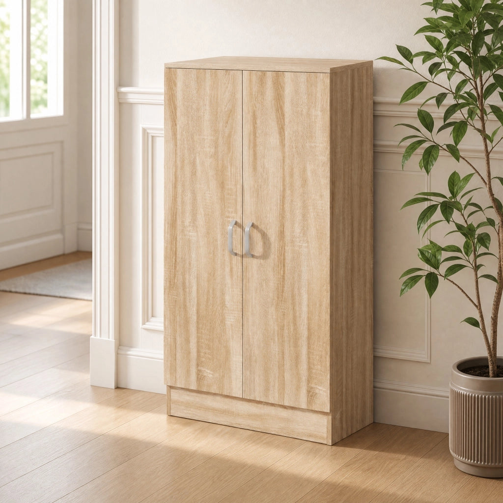 Scarpiera 55x35x108 cm con 6 ripiani regolabili; cerniere a chiusura rallentata; legno; naturale