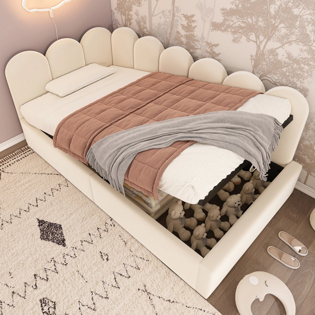 OKWISH Letto Banquette 90×200 cm, Letto Singolo con Contenitore Idraulico e Testiera, senza Materasso, in Velluto, Beige