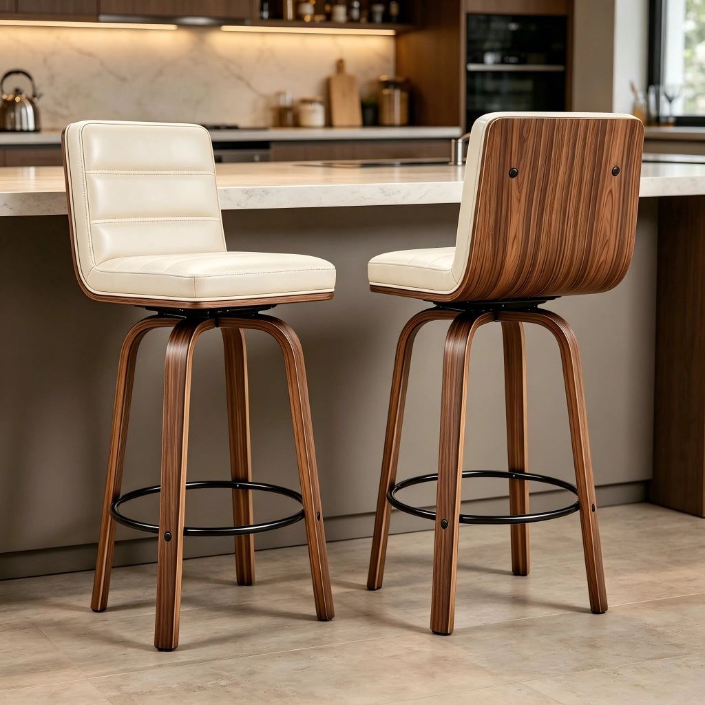 Sgabello da Bar Girevole con Schienale Ergonomico e Poggiapiedi Struttura in Metallo e Legno Crema