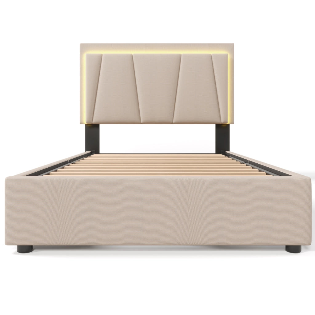 OKWISH Letto Singolo con Cassetti 90×200 cm con LED, 2 Cassetti, Testiera Regolabile e Telecomando, senza Materasso, Beige
