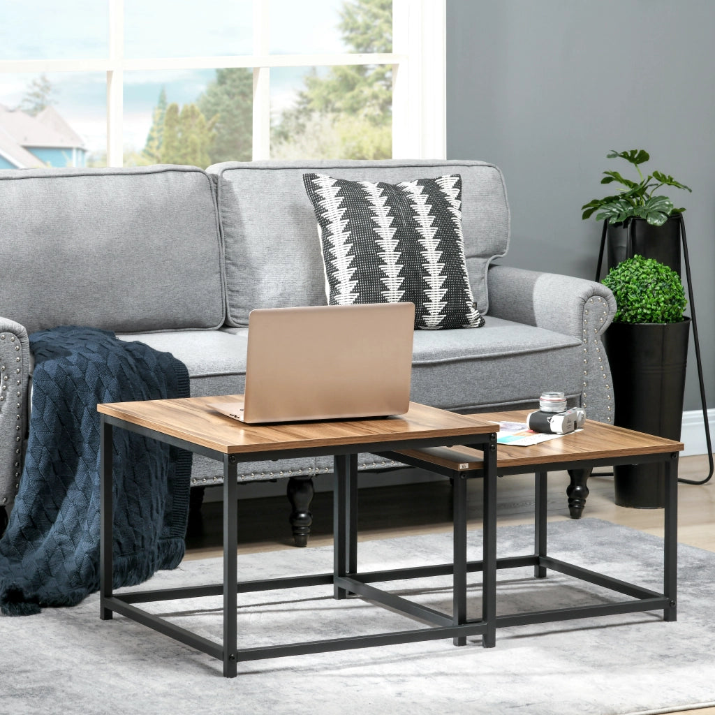 Set di 2 tavolini da caff¨¨, tavolini laterali dal design industriale, tavolini da soggiorno con effetto legno e acciaio naturale.