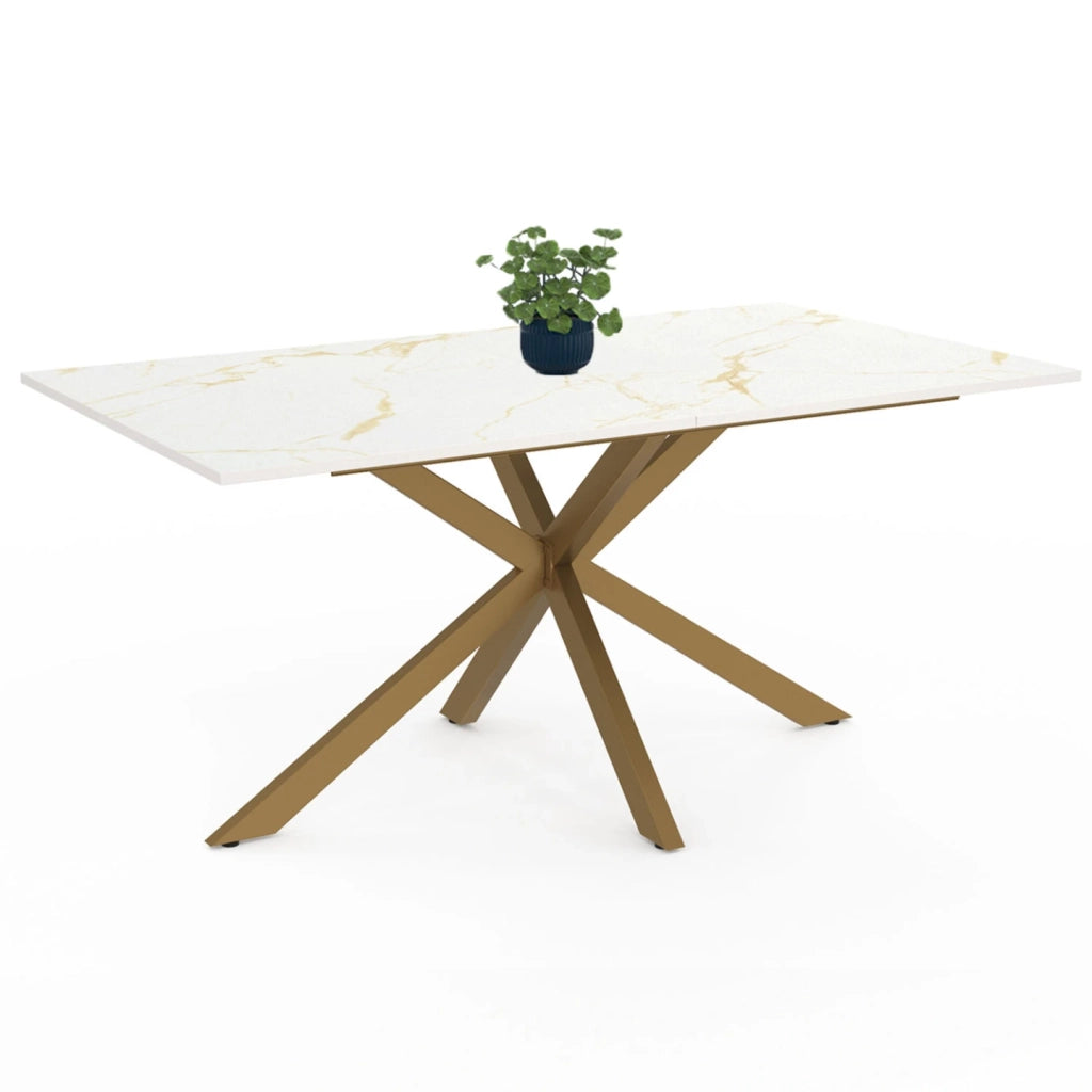 IDMarket - ALIX Tavolo da pranzo rettangolare per 8 persone con gamba a ragno in ottone e piano effetto marmo bianco ALASKA 160 cm
