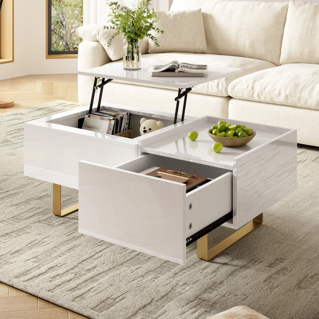 Tavolino basso sollevabile con cassetto e vano contenitore in MDF lucido per soggiorno bianco 100 × 50 × 54,5 cm