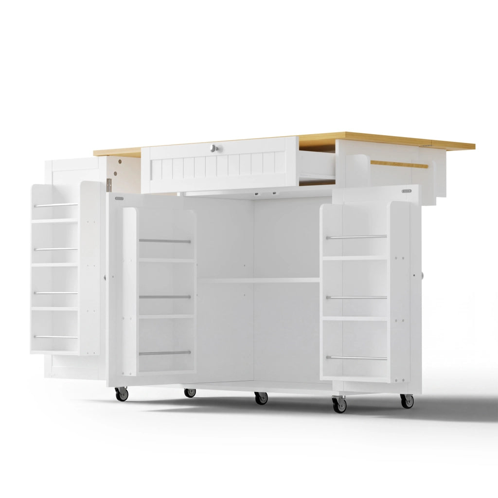 Carrello da cucina con piano ribaltabile; 1 cassetto; 3 vani; ripiani regolabili e ruote; in MDF; naturale bianco