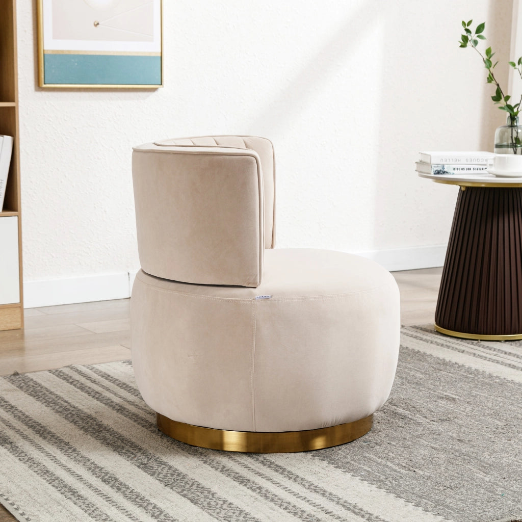 Sedia girevole 360° con schienale ergonomico; seduta imbottita; struttura in legno e metallo; velluto beige