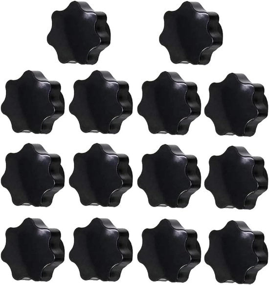 Viti a stella - Viti a stella a raccordo - Viti a raccordo a dente radiale - Viti a stella a forma stella - Viti in plastica - Maniglioni a mano - M6 - 14 pezzi - Nero - Anelli di chiusura - Adatto per uso manuale