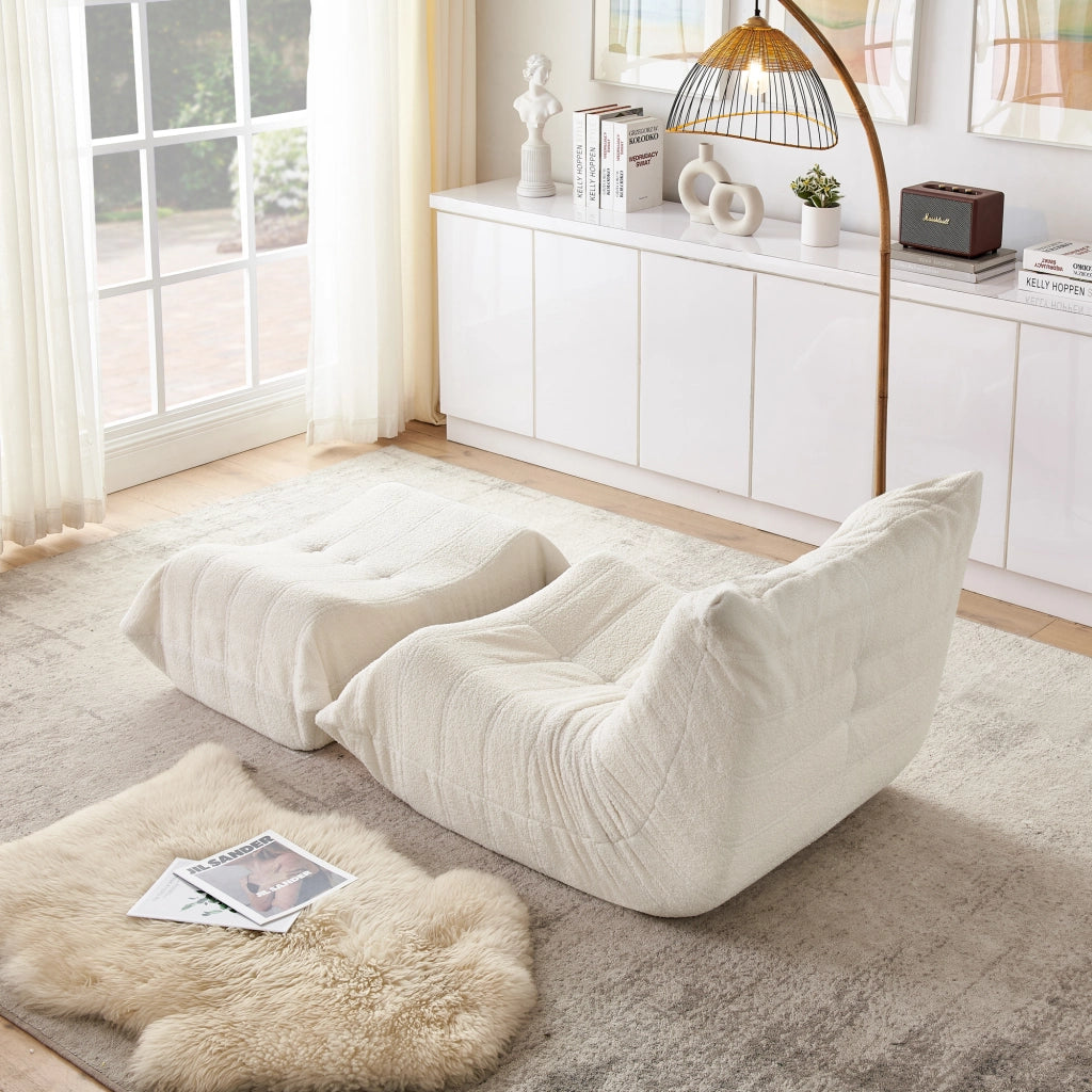 Lazy Sofa con schienale e poggiapiedi, poltrona relax in teddy effetto peluche, beige