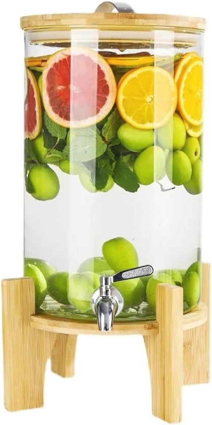 Dispensatore di acqua e cocktail in vetro con base in legno - 5 litri modello senza perdite