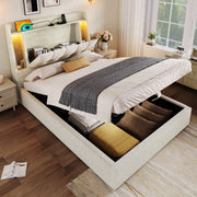 LETTO imbottito 90x200 cm Beige in lino e MDF con USB, LED e vano contenitore