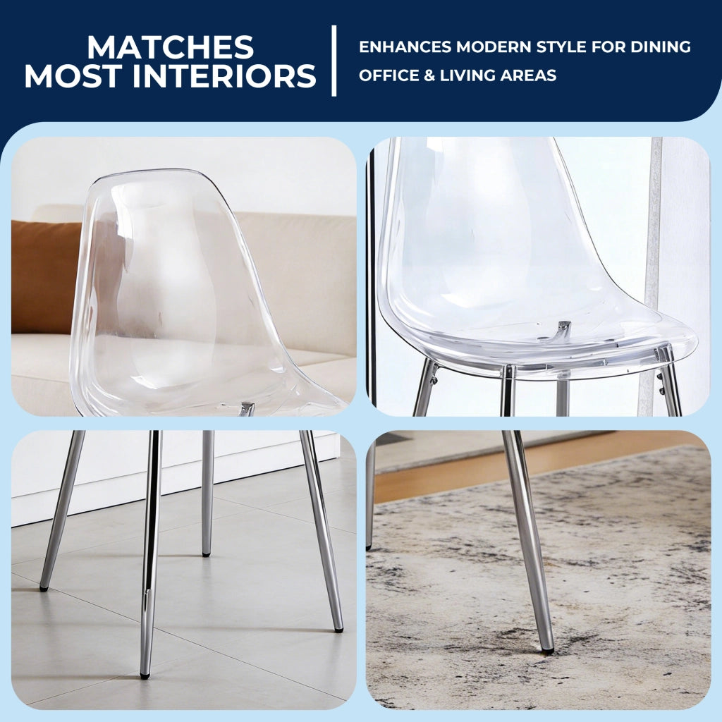 Sedia da pranzo in acrilico trasparente con gambe metalliche staccabili, design moderno argento per casa e ufficio