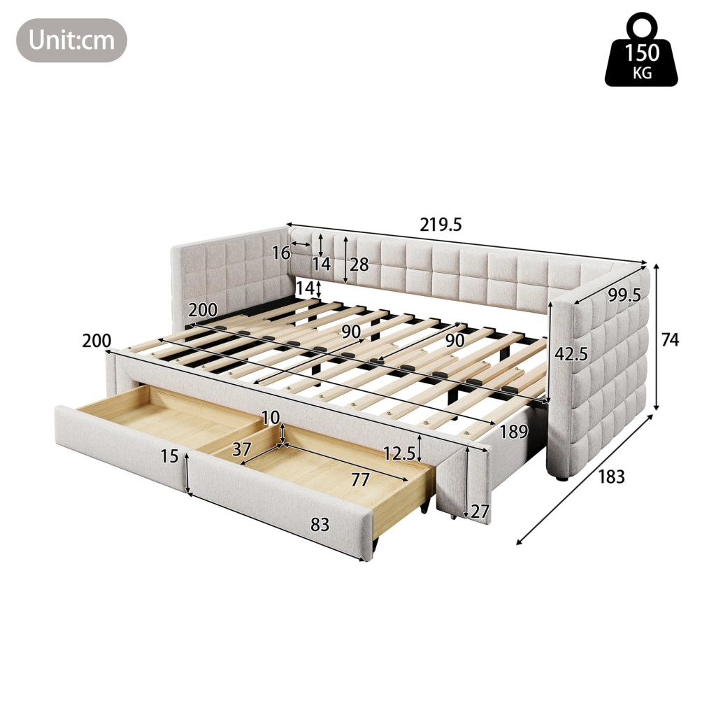 Daybed trasformabile in velluto beige con 2 cassetti 90x200 cm