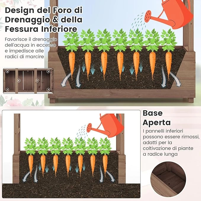 Aiuola Rialzata con Traliccio, Pergolato e Fori di Drenaggio, Fioriera Elevata da Esterno in Legno per Piante Rampicanti, Vite e Fiore,110 x 44 x 182 cm (Marrone)