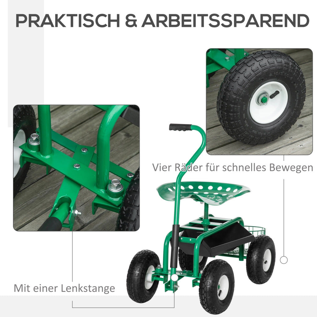 Carrello da giardino, carrello da officina, sedile da giardino girevole, cestino portaoggetti, altezza regolabile, portata 150 kg, verde, 81 x 44,5 x
