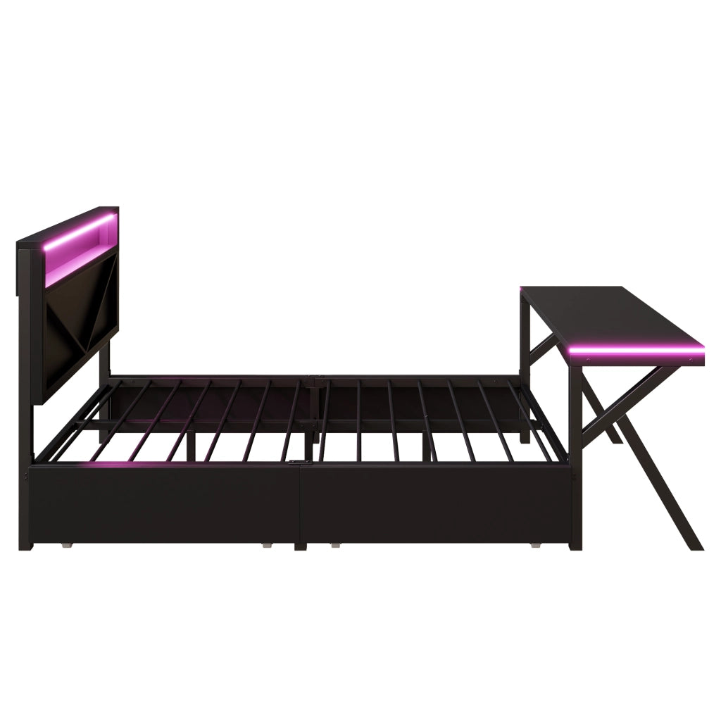 Letto Singolo 140x200 cm con LED; Scrivania e 2 Cassetti in Metallo e MDF - Nero