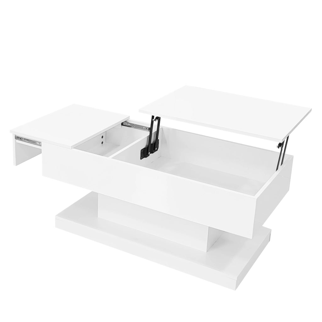 Tavolino da salotto bianco lucido 100x50x45 cm con sollevamento idraulico, funzione scorrevole laterale, LED e vano contenitore